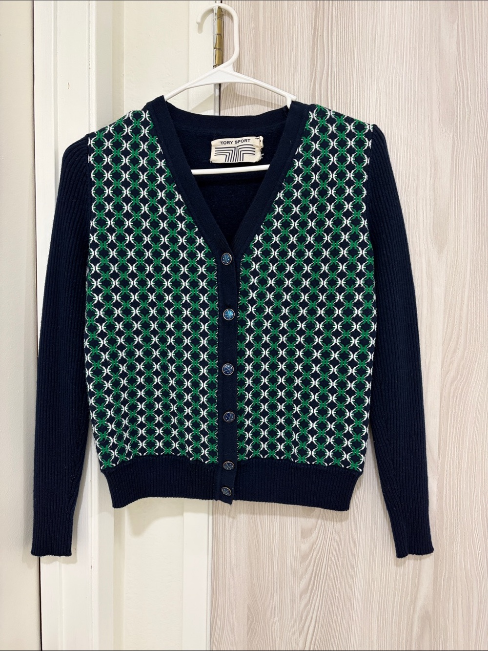 Tory Sport Navy Cardigan with Green & White Geometric Front